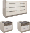 AMERLIFE High Gloss Dresser Set, 3 Piece Bedroom Furniture Set, 8 Drawer Dresser with LED Light & 2 Nightstands with Charging Station, Modern UV Finish, Bedroom Storage Organizer, Cream & Grey