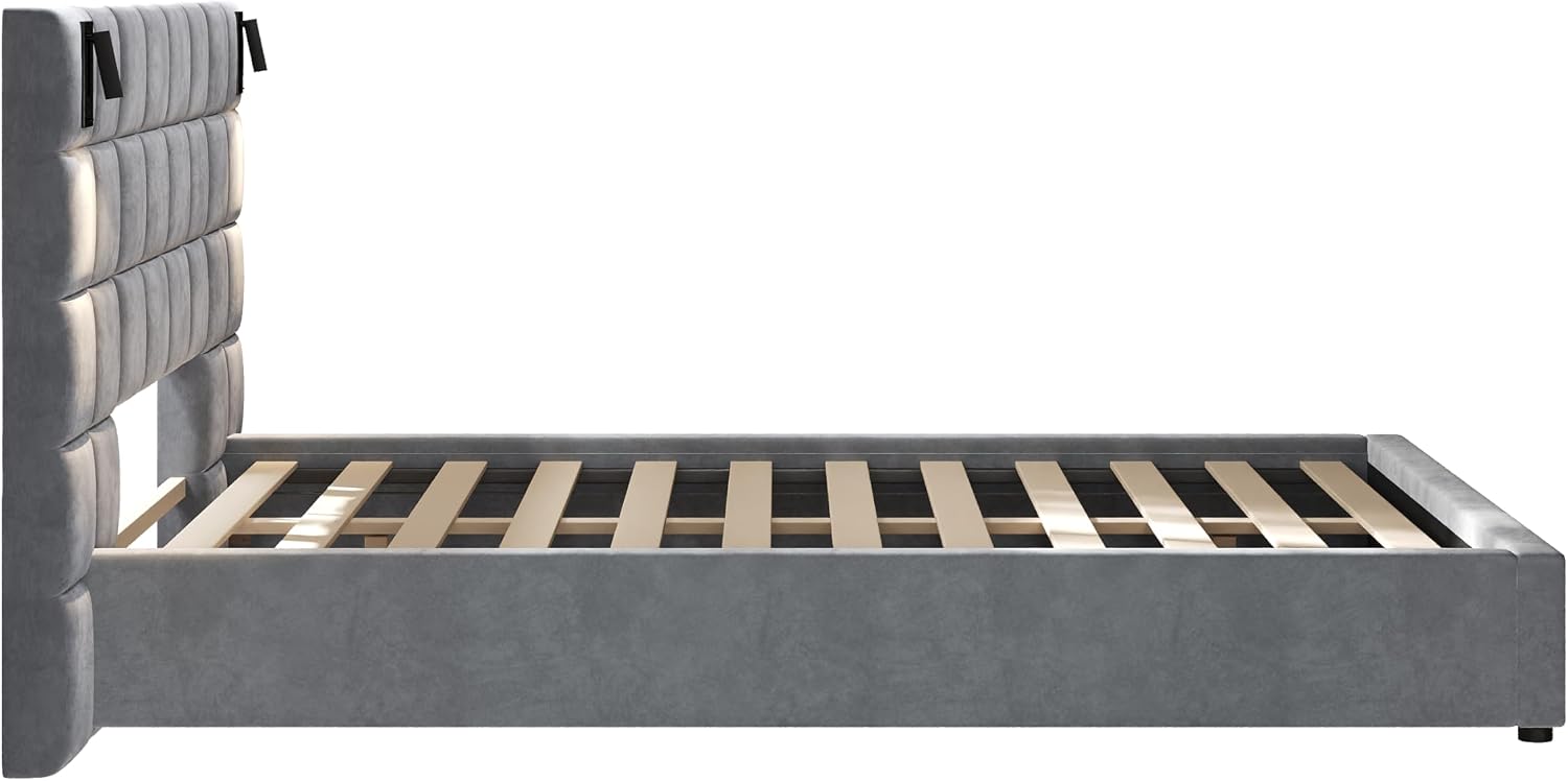 Christopher Knight Home Svens 46' High Headboard Bed, Queen Size Platform Bed Frame, Soft Velvet Bed Frame, Queen Size Headboard, Square Pattern Design with Reading Lamps and USB Ports, Grey