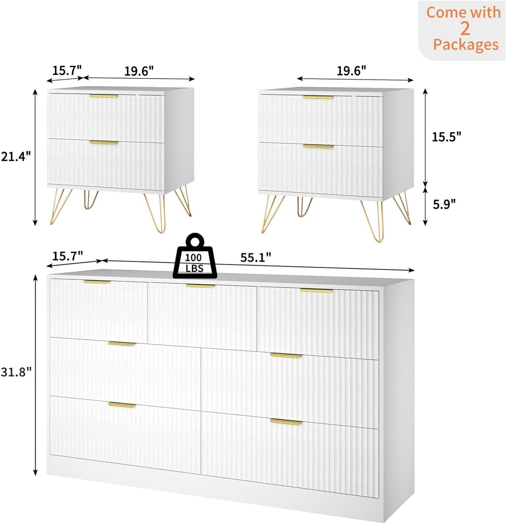 7 Drawer Dresser and Nightstand Sets, 3 Pcs Bedroom Set for Bedroom, Fluted Night Stand Set of 2 & 55' Wide Dresser w/Gold Handles, Modern Wood Chest of Drawers Storage Cabinet Set, White
