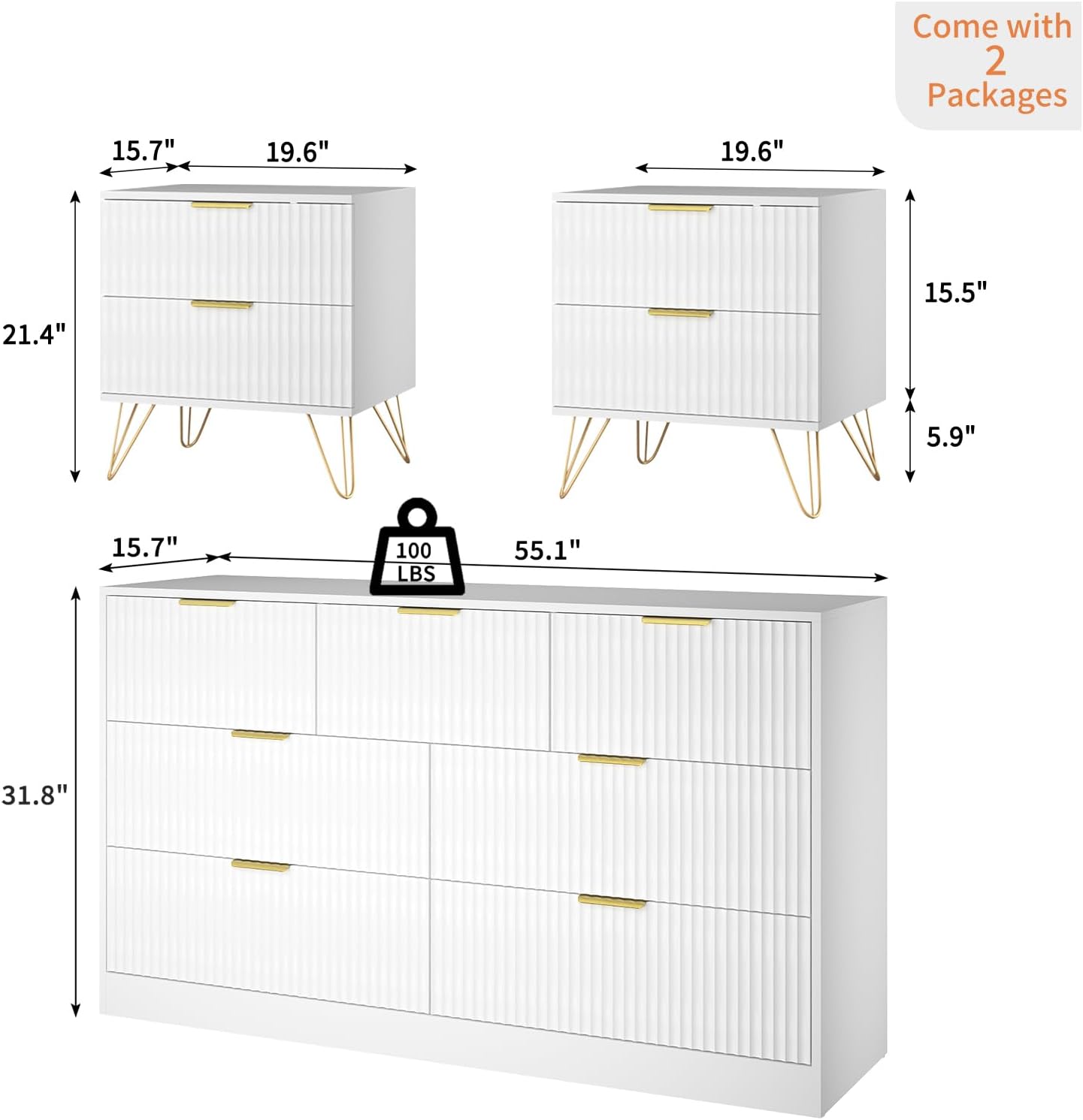 7 Drawer Dresser and Nightstand Sets, 3 Pcs Bedroom Set for Bedroom, Fluted Night Stand Set of 2 & 55' Wide Dresser w/Gold Handles, Modern Wood Chest of Drawers Storage Cabinet Set, White