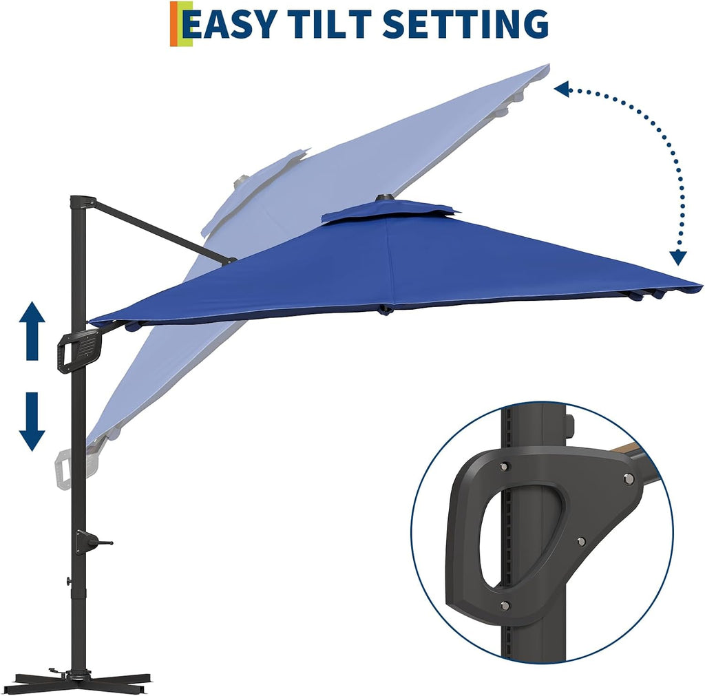 10 FT Offset Patio Umbrella with Solar Lights and Cross Base, Cantilever Umbrella with Easy Tilt Adjustment, Polyester Shade for Garden, Deck, Pool, Backyard
