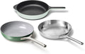 Caraway Fry Pan Sampler Bundle - 10.5' Non-Stick Ceramic Frying Pan, 10.5' Stainless Steel Fry Pan, 10.5' Enameled Cast Iron Skillet - Non Toxic, Oven Safe - Sage, Mist