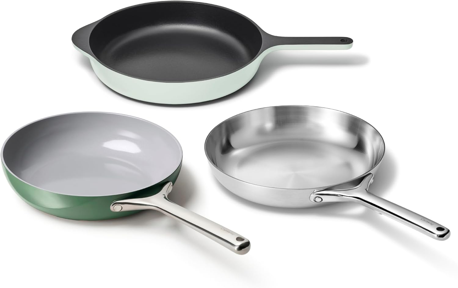 Caraway Fry Pan Sampler Bundle - 10.5' Non-Stick Ceramic Frying Pan, 10.5' Stainless Steel Fry Pan, 10.5' Enameled Cast Iron Skillet - Non Toxic, Oven Safe - Sage, Mist