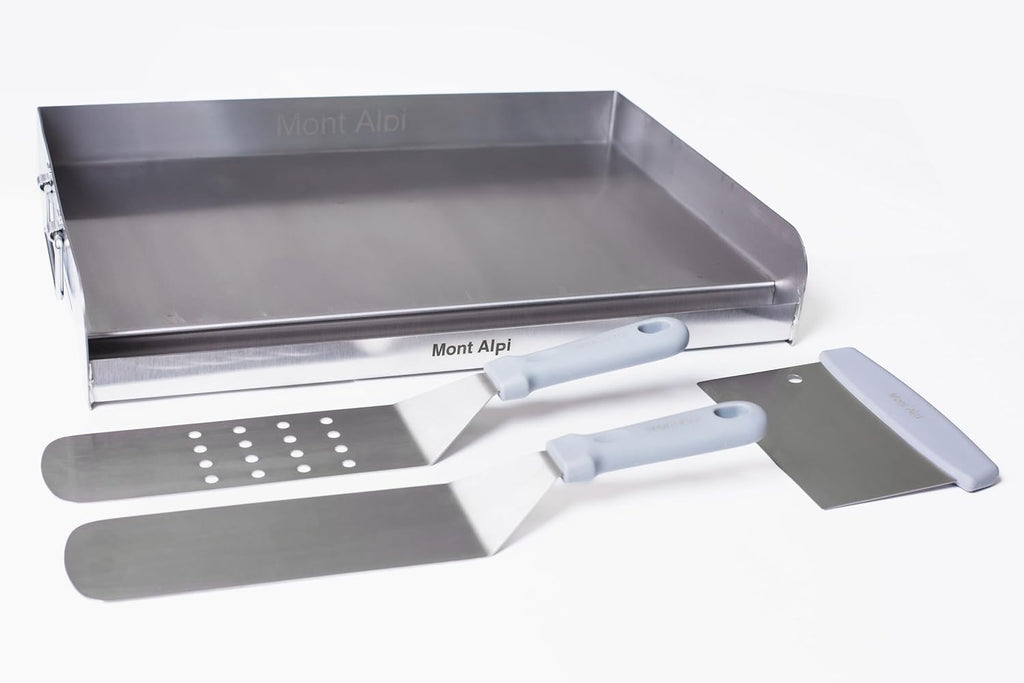 Mont Alpi MASHP Stainless Steel Universal Outdoor Barbecue Flat Top Griddle Converter Kit - Frying Pan with Grease Collection Zone, Teppanyaki Style Solid and Slotted Spatulas, Scraper BBQ Tool Set