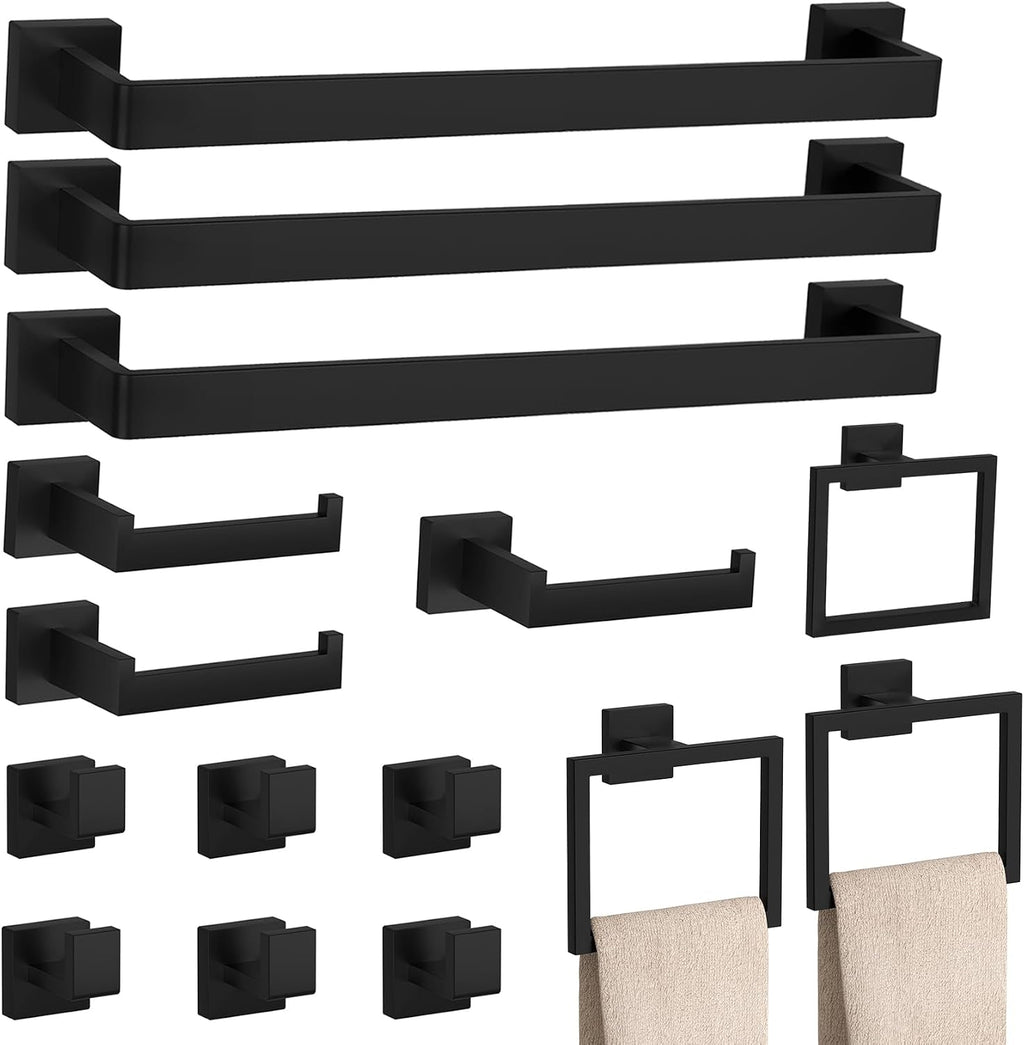15-Piece Matte Black Bathroom Accessories Set – 23.6' Towel Bar, Towel Ring, Toilet Paper Holder & Hooks, Wall Mounted Bathroom Hardware, Rust & Corrosion-Resistant, Ideal for Modern Bathrooms