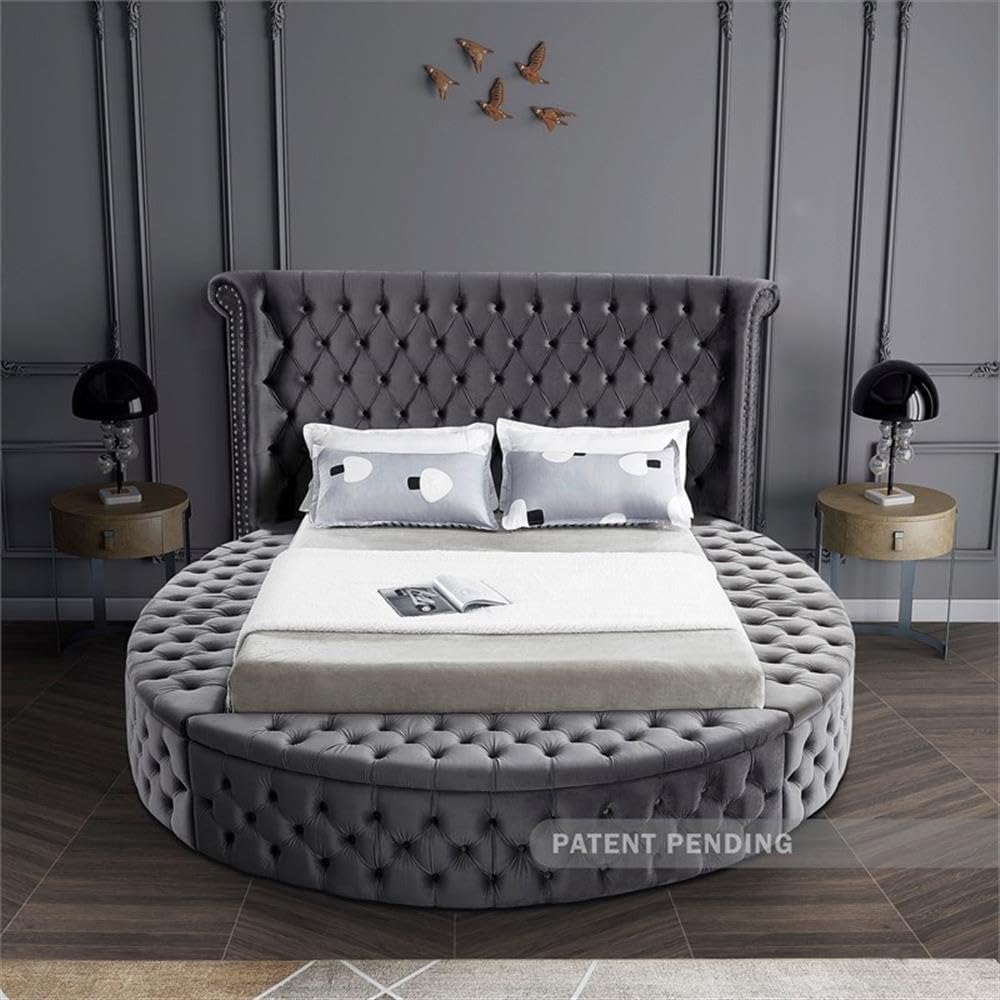 Meridian Furniture Luxus Collection Modern Contemporary Round Shaped Velvet Upholstered Bed with Deep Button Tufting and Footboard Storage, King, Grey