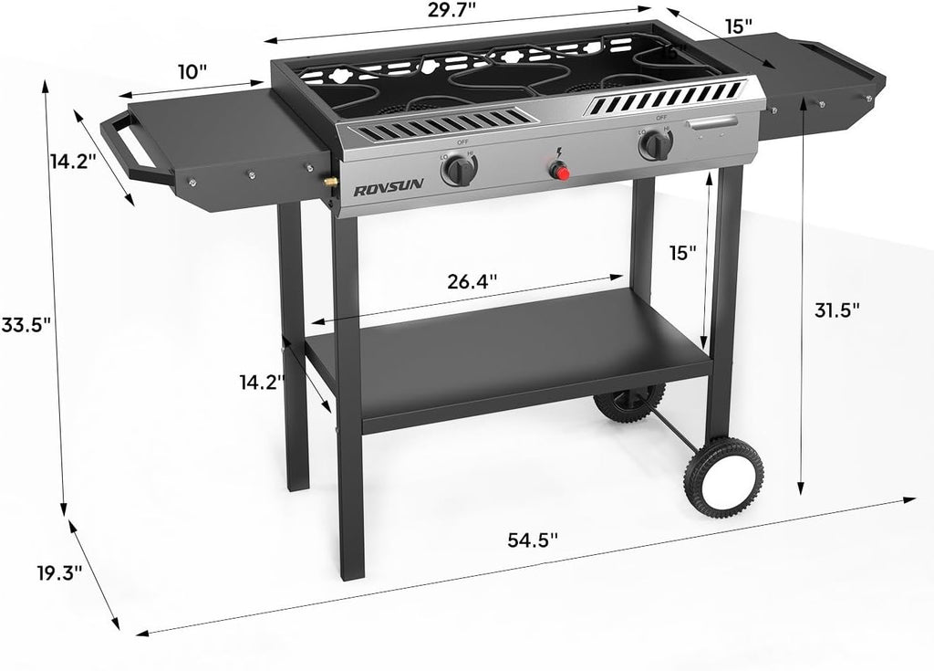 ROVSUN 2 Burner Propane Stove with Auto Ignition, 150,000 BTU Gas Stove with Side Shelves, Rolling Wheels & Regulator for Home Outdoor Backyard Camping Cooking Frying Brewing Canning