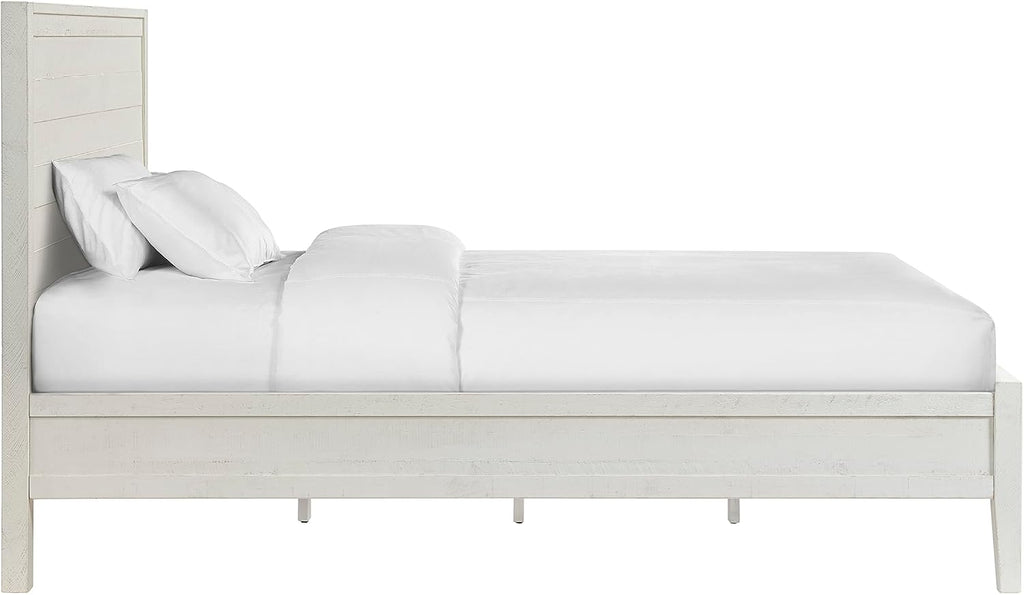Arden Queen Size Panel Bed Frame – Solid Brazilian Pine Wood with High 50' Headboard, Low 18' Footboard, 8' Underbed Clearance – Rustic Boho Bedroom Style by Alaterre Furniture (Light Driftwood White)