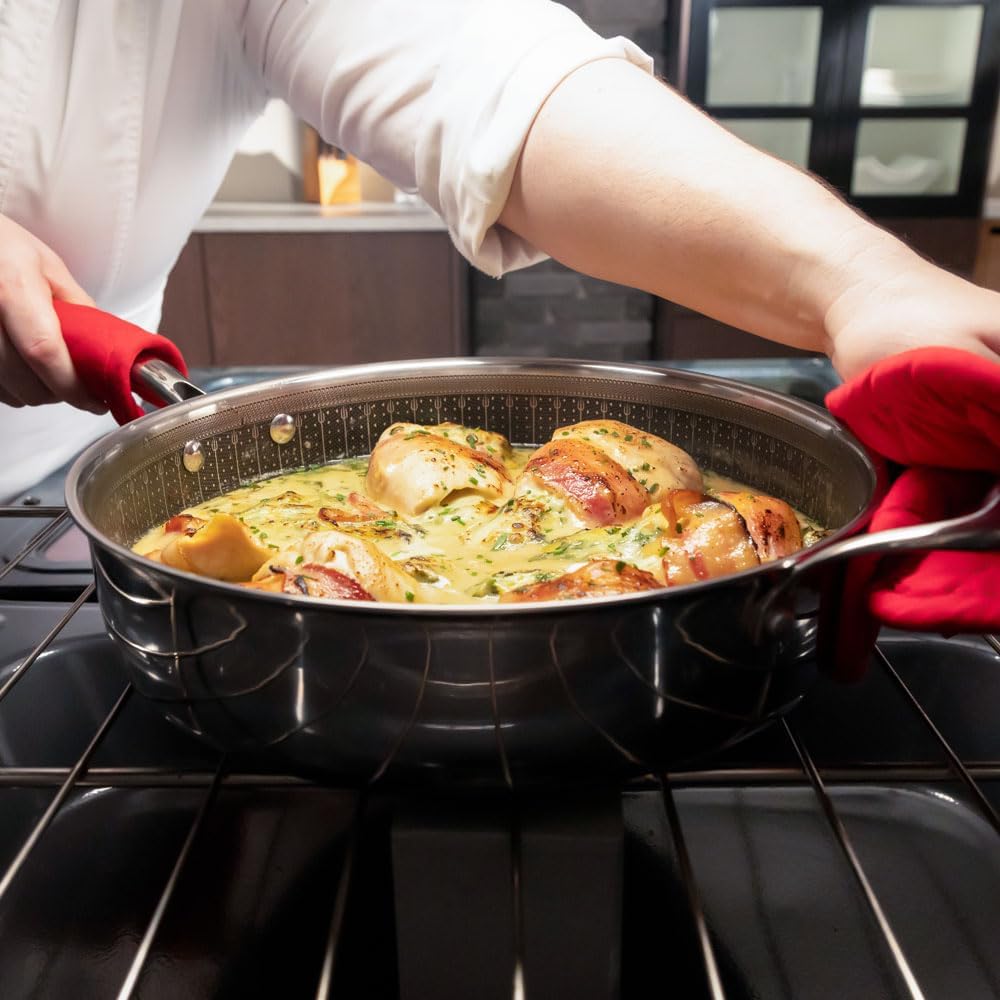 Hell's Kitchen Tri-Clad Hybrid 4 Quart Sauté Pan with Lid, Nonstick, Scratch-Resistant, Ergonomic Handle, Dishwasher Safe, Multi-Cooktop, and Oven-Safe (Original Nonstick)