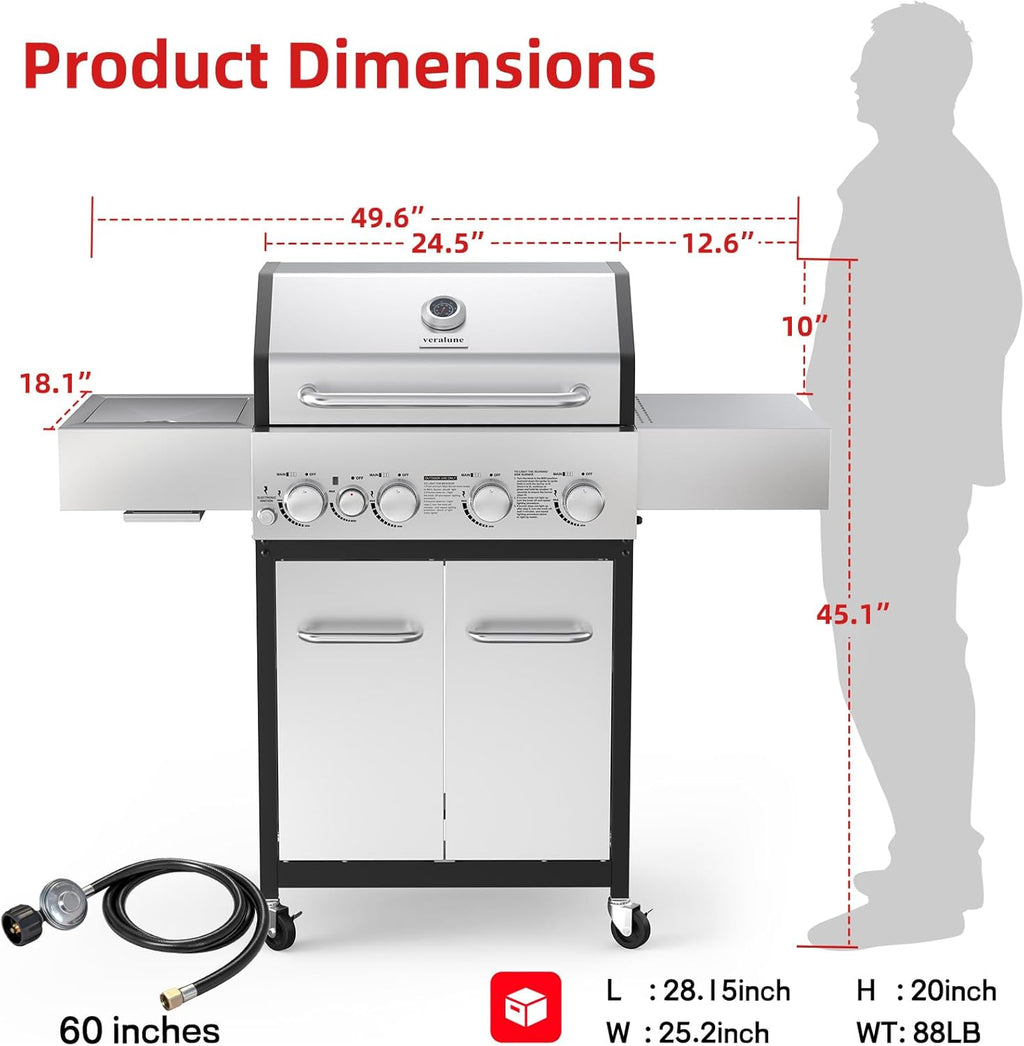 Veralune 4 Burner Gas Grill with Infrared Side Burner, Outdoor Gas Grill, BBQ Gas Grill with Oil Tray and Built-in Thermometer, 55,000 BTU, Enameled Cast-iron Grates, Black