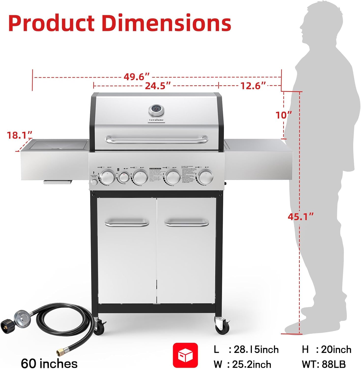 Veralune 4 Burner Gas Grill with Infrared Side Burner, Outdoor Gas Grill, BBQ Gas Grill with Oil Tray and Built-in Thermometer, 55,000 BTU, Enameled Cast-iron Grates, Black