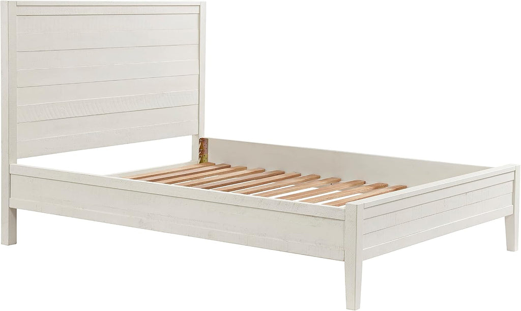 Arden Queen Size Panel Bed Frame – Solid Brazilian Pine Wood with High 50' Headboard, Low 18' Footboard, 8' Underbed Clearance – Rustic Boho Bedroom Style by Alaterre Furniture (Light Driftwood White)