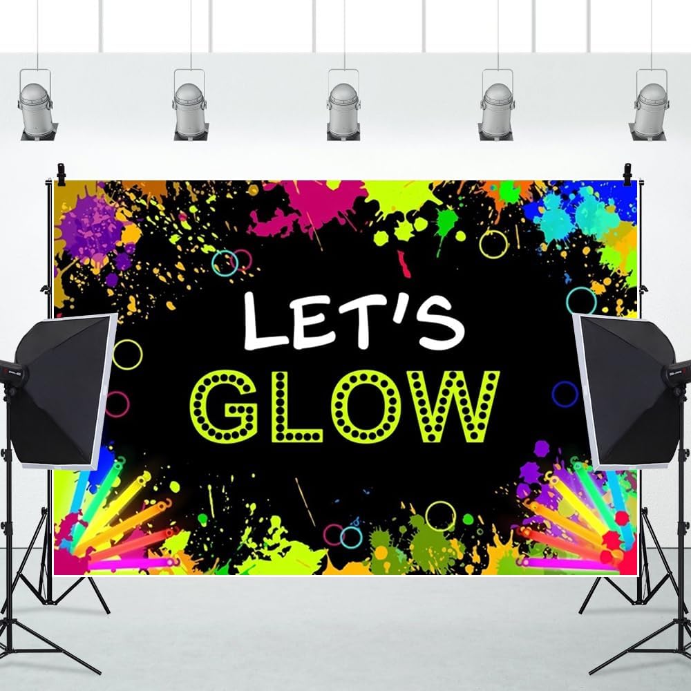 Leowefowa Let's Glow Crazy Party Decoration Supplies 20x10ft Vinyl Glow in The Dark Background for Photography Neon Graffiti Splash Backdrops for Photoshoot Wallpaper Decor Photo Booth Props