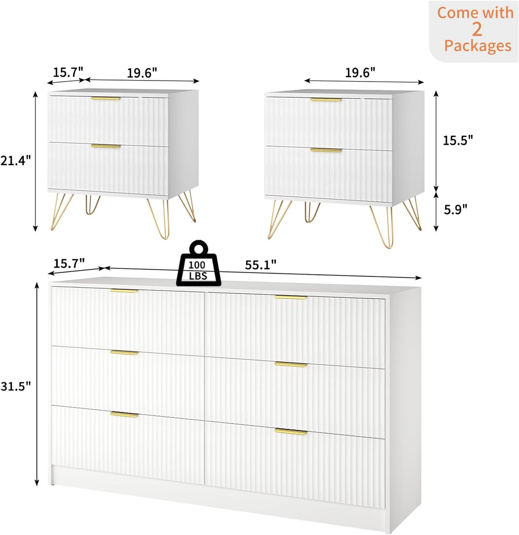 Dresser and Nightstand Sets, 6 Drawer Dresser Set for Bedroom 3 Piece, 55' Wide Wooden Fluted White Dressers W/Metal Handle & Night Stand Set of 2, Modern Bedroom Furniture Sets, White