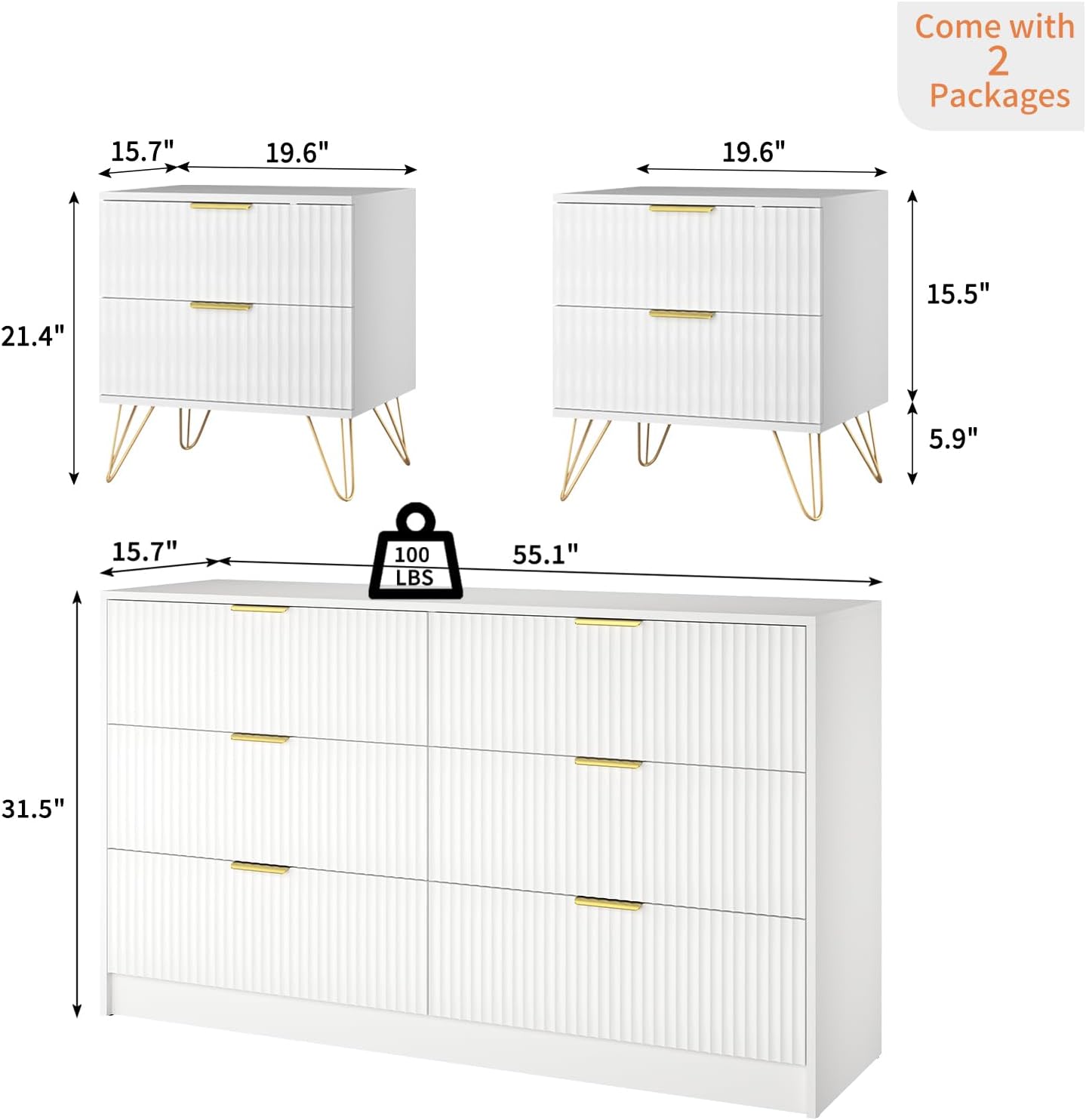 Dresser and Nightstand Sets, 6 Drawer Dresser Set for Bedroom 3 Piece, 55' Wide Wooden Fluted White Dressers W/Metal Handle & Night Stand Set of 2, Modern Bedroom Furniture Sets, White