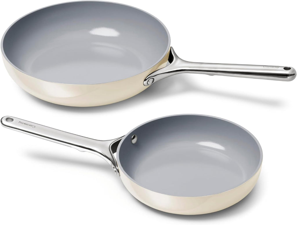 Caraway Fry Pan Duo - Nonstick Ceramic Frying Pan (8' & 10.5') - Non Toxic, PTFE & PFOA Free - Oven Safe & Compatible with All Stovetops (Gas, Electric & Induction) - Cream