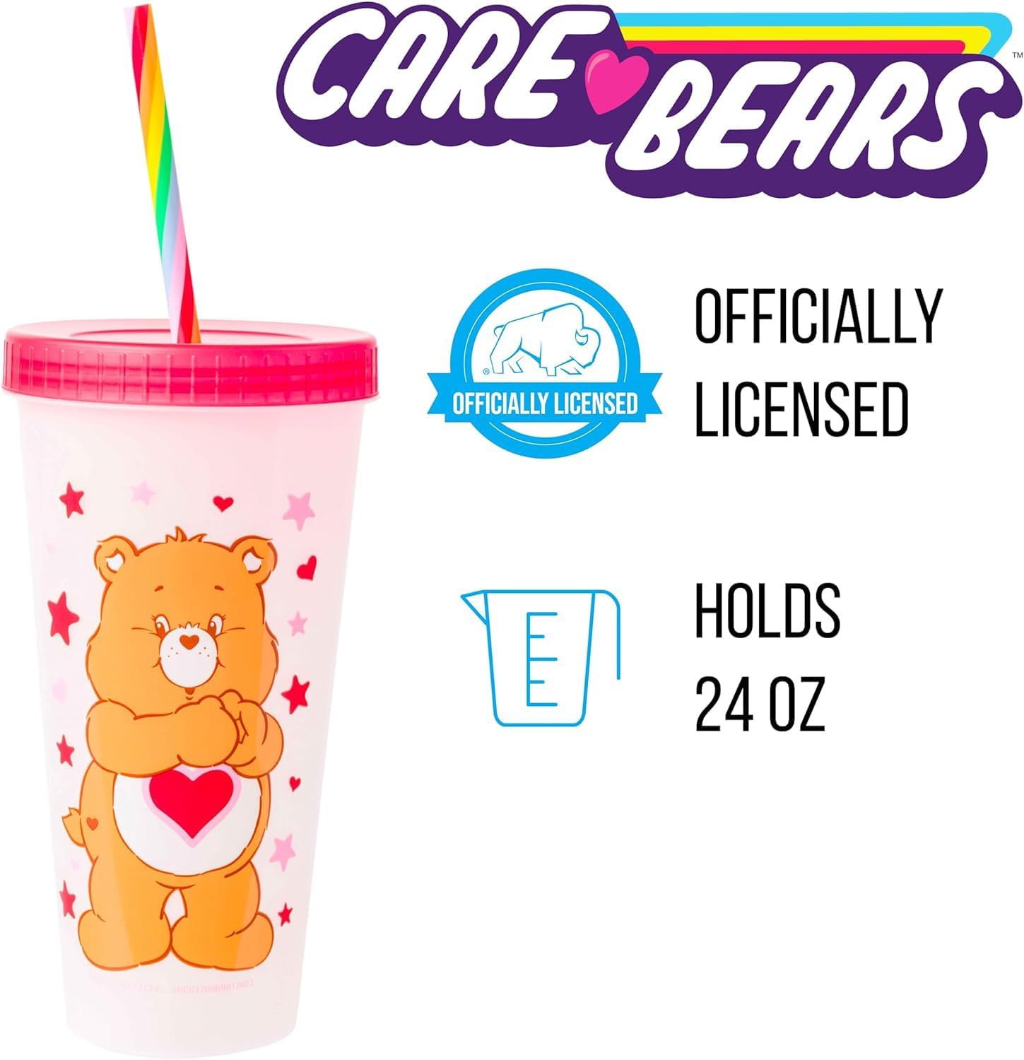 Silver Buffalo Care Bears Hearts and Stars 4 count Plastic Color Changing Tumblers with Rainbow Swirl Straws Featuring Tenderheart, Funshine, Cheer, and Grumpy Bear 24 Ounces (Pack of 12)