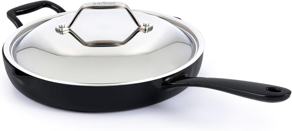 All-Clad Cast Iron Skillet - 12' Enameled Cast Iron Pan with Lid, Enamel Coating, Grill, Oven Safe up to 650°F & Compatible with All Stovetops (Gas, Electric & Induction), Easy-Clean Frying Pan, Black