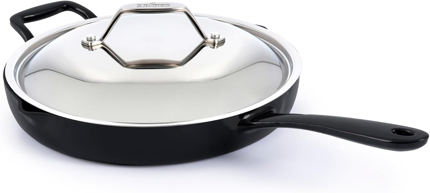 All-Clad Cast Iron Skillet - 12' Enameled Cast Iron Pan with Lid, Enamel Coating, Grill, Oven Safe up to 650°F & Compatible with All Stovetops (Gas, Electric & Induction), Easy-Clean Frying Pan, Black