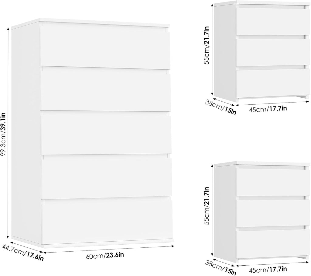 FOTOSOK Bedroom Set, 5 Drawer Dresser and Nightstand Sets for Bedroom, 3 Piece Bedroom Set, Night Stand Set of 2 & White Dresser Set, Chest of Drawers Storage Cabinet Set, White
