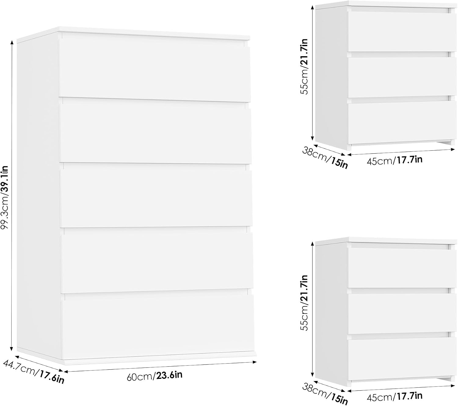 FOTOSOK Bedroom Set, 5 Drawer Dresser and Nightstand Sets for Bedroom, 3 Piece Bedroom Set, Night Stand Set of 2 & White Dresser Set, Chest of Drawers Storage Cabinet Set, White