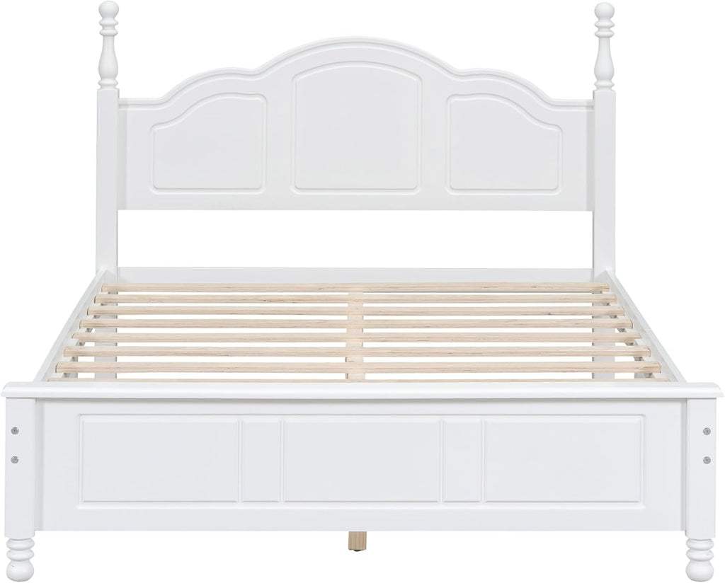 Merax Classic Retro Solid Wood Platform Bed with Headboard, Full Bed Frame/No Box Spring Needed/Easy Assemble White