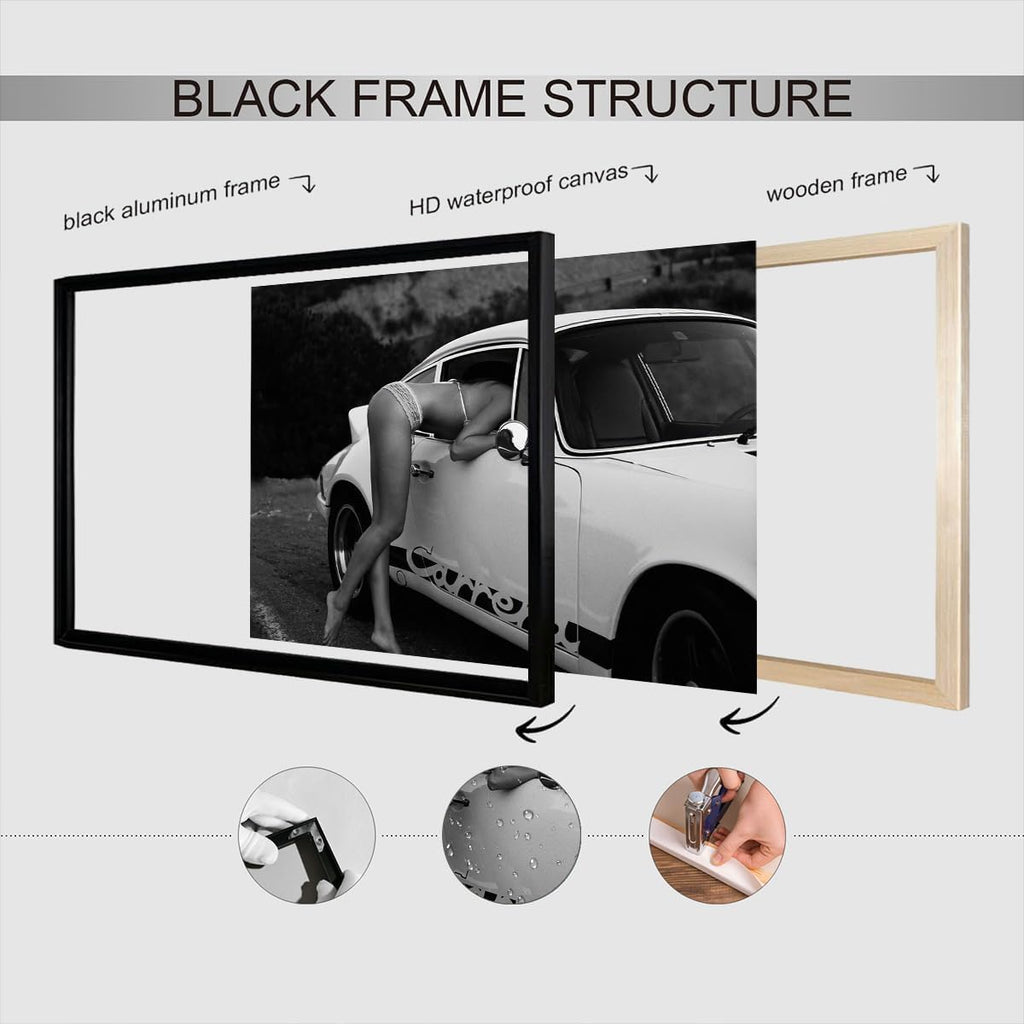 Vintage Supercar 911 Poster Sports Car Lover Canvas Wall Art Black And White Fashion Photography Sexy Women Prints Painting For Living Room Bedroom Apartment Wall Decor 24x36in Framed