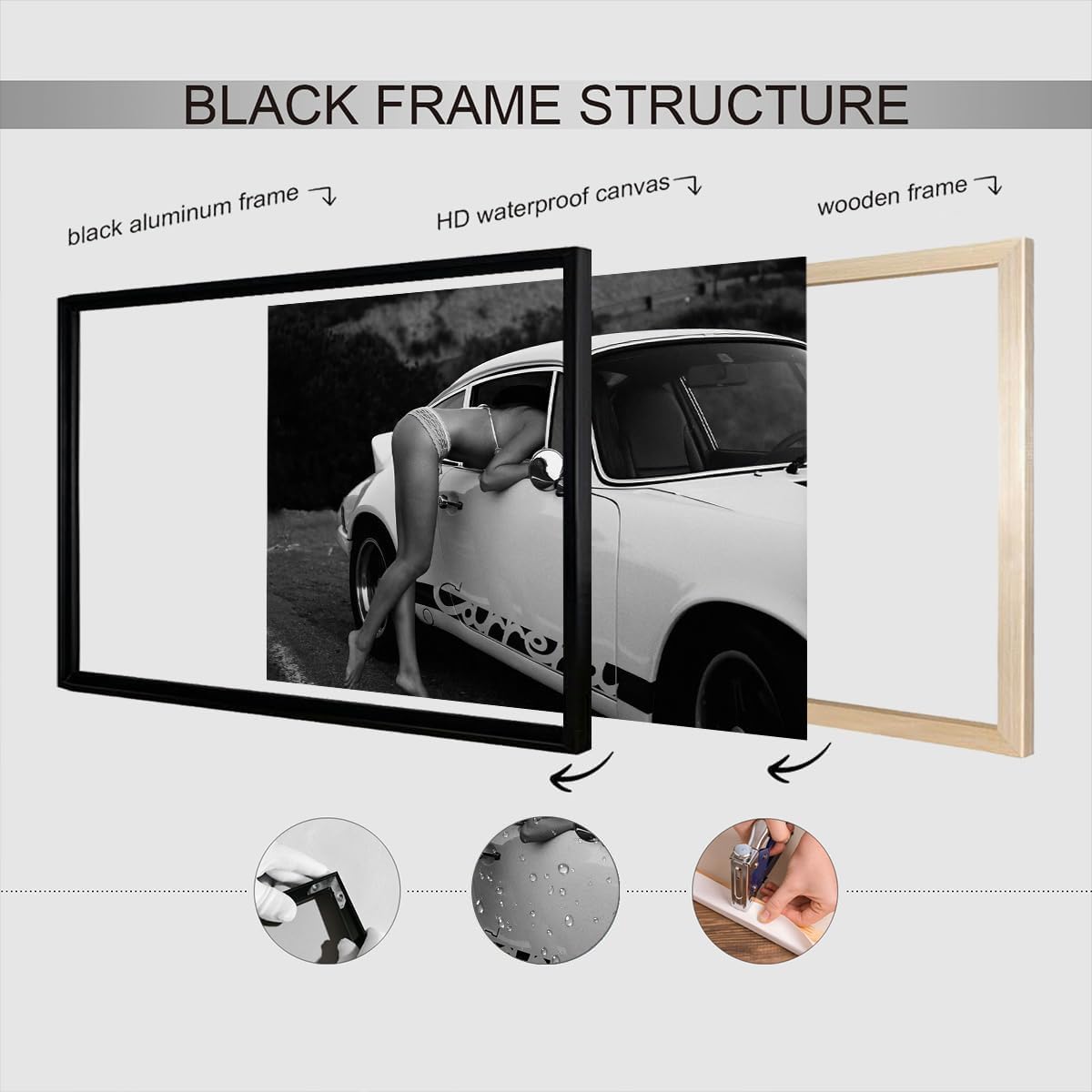 Vintage Supercar 911 Poster Sports Car Lover Canvas Wall Art Black And White Fashion Photography Sexy Women Prints Painting For Living Room Bedroom Apartment Wall Decor 24x36in Framed