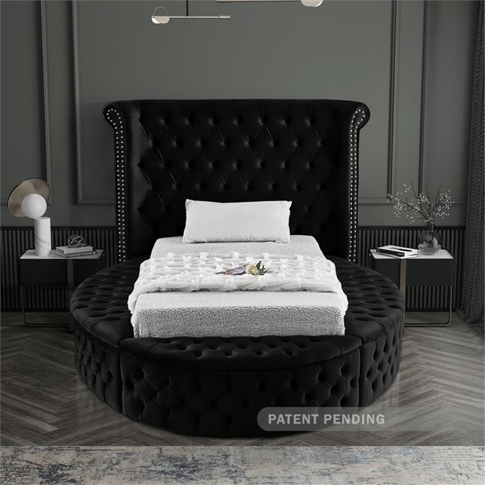 Meridian Furniture Luxus Collection Modern | Contemporary Round Shaped Velvet Upholstered Bed with Deep Button Tufting and Footboard Storage, Twin, Black