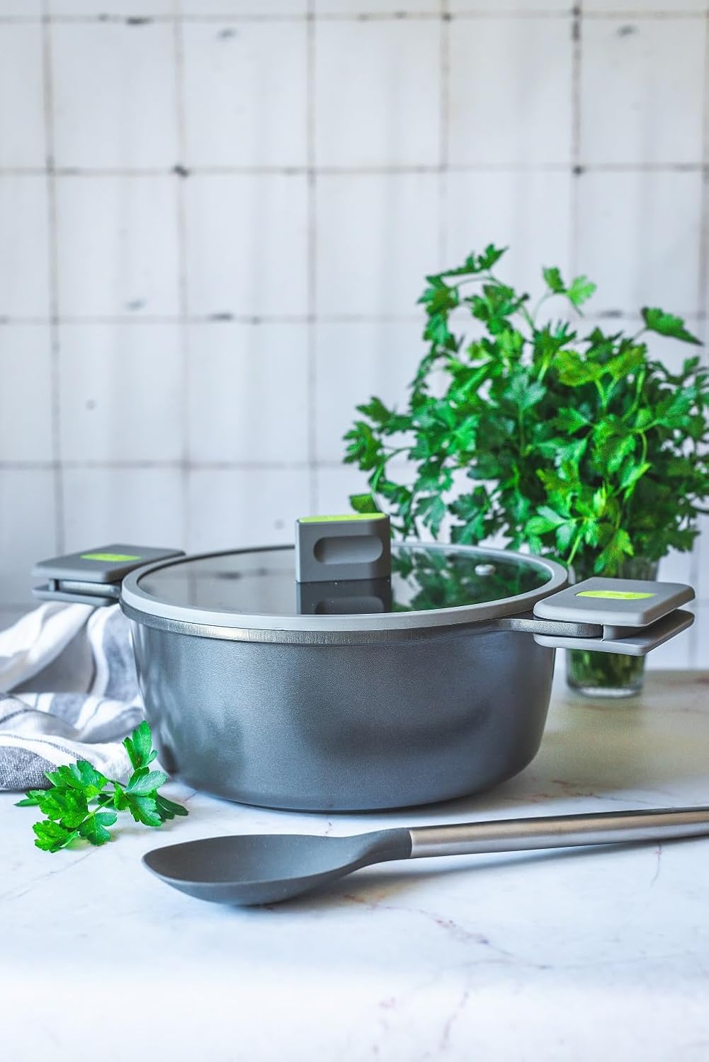 BRA COOKWARE Life 12-Piece Ceramic Cookware Set | Recycled Cast Aluminum Pots & Pans Set w/ 2 Pots, 1 Sauté Pan, 3 Pans, 1 Saucepan, 1 Grill, 4 Lids | Ceramic Non-Stick Coating | All Stovetops