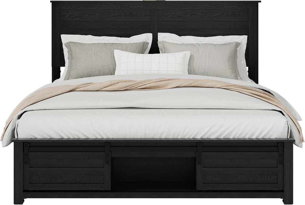 Wooden Full Size Bed Frame with Headboard, Classic Black Farmhouse Storage Bedframe with Sliding Barn Door Footboard and Charging Station, Wood Slats, No Box Spring Needed