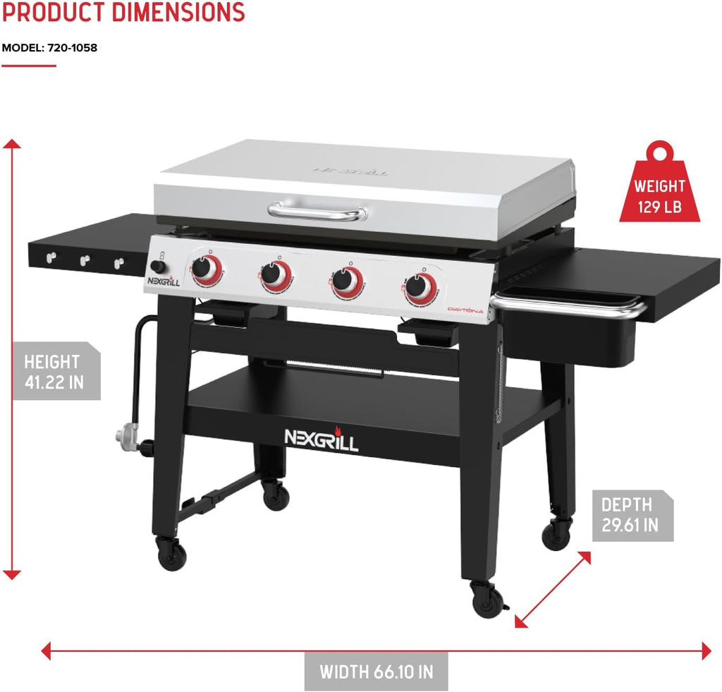 Nexgrill Daytona 4-Burner Propane Gas Griddle with Side Tables, 60000 BTU Flat Top Grill, 756 SQ In. Hot-Rolled Steel Cooking Space, Outdoor Cooking Barbeque, Black with Stainless Steel Lid - 720-1058
