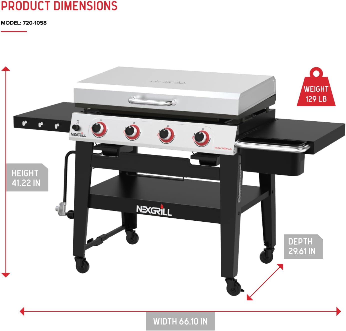 Nexgrill Daytona 4-Burner Propane Gas Griddle with Side Tables, 60000 BTU Flat Top Grill, 756 SQ In. Hot-Rolled Steel Cooking Space, Outdoor Cooking Barbeque, Black with Stainless Steel Lid - 720-1058