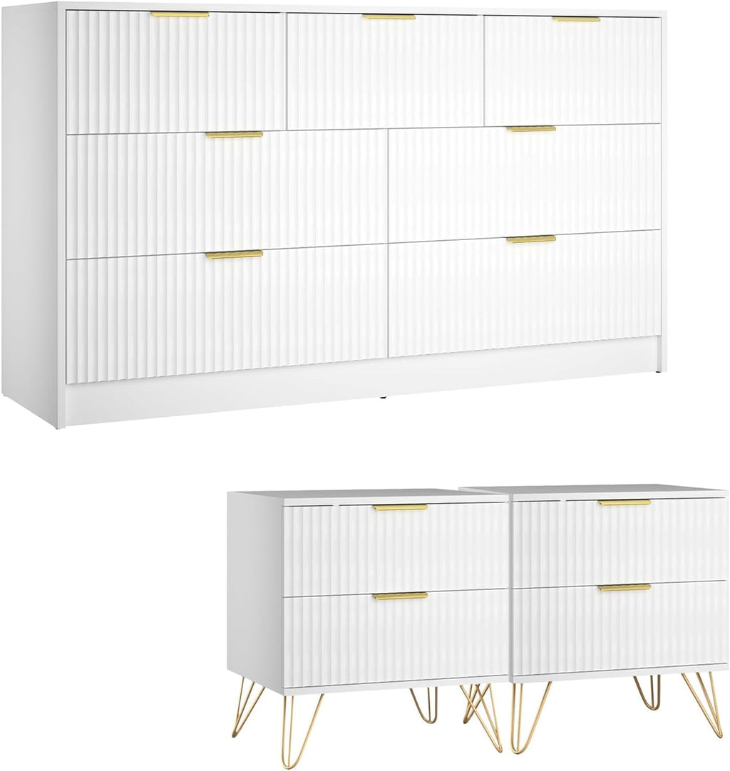 7 Drawer Dresser and Nightstand Sets, 3 Pcs Bedroom Set for Bedroom, Fluted Night Stand Set of 2 & 55' Wide Dresser w/Gold Handles, Modern Wood Chest of Drawers Storage Cabinet Set, White