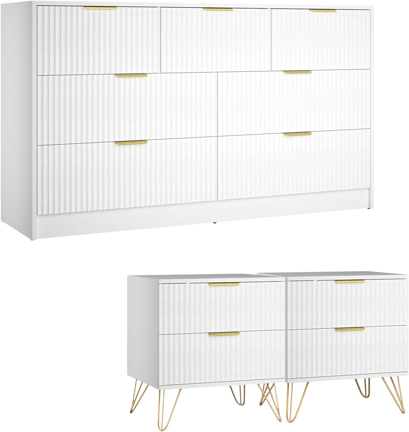 7 Drawer Dresser and Nightstand Sets, 3 Pcs Bedroom Set for Bedroom, Fluted Night Stand Set of 2 & 55' Wide Dresser w/Gold Handles, Modern Wood Chest of Drawers Storage Cabinet Set, White