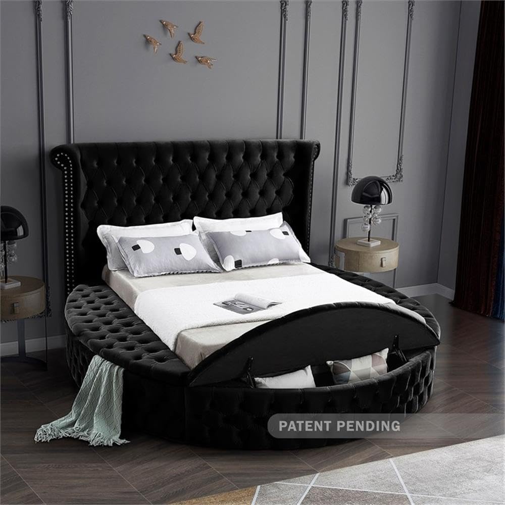 Meridian Furniture Luxus Collection Modern | Contemporary Round Shaped Velvet Upholstered Bed with Deep Button Tufting and Footboard Storage, Queen, Black