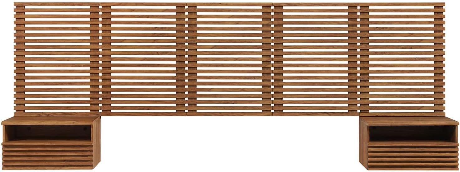 Modway Render Wall-Mount Headboard and Modern Nightstands Bedroom Set, Queen, Walnut