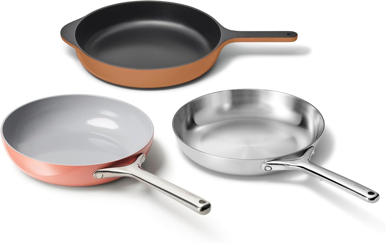 Caraway Fry Pan Sampler Bundle - 10.5' Non-Stick Ceramic Frying Pan, 10.5' Stainless Steel Fry Pan, 10.5' Enameled Cast Iron Skillet - Non Toxic, Oven Safe - Perracotta, Rust