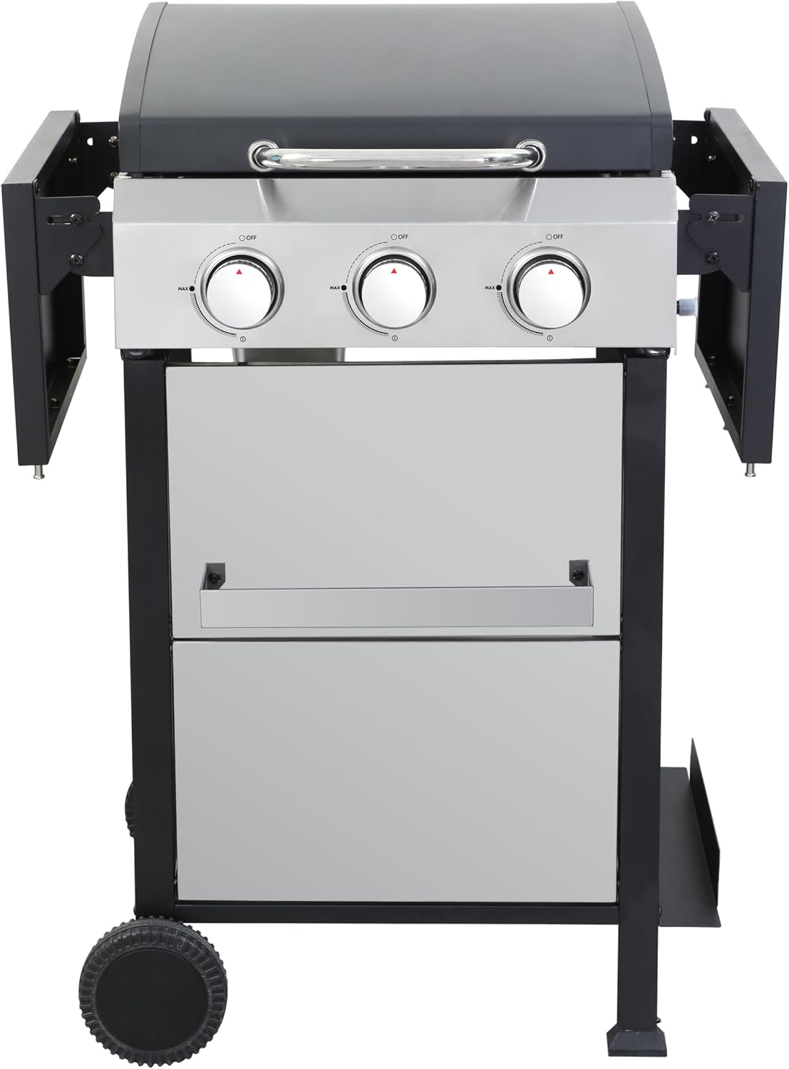 3-Burner Propane Gas BBQ Grill, Portable Outdoor Grill with Stainless Steel Plancha and 36900 BTU Output, Foldable Side Table & Hanging Baskets, Gas for Backyard, Camping and Tailgating (45 IN)
