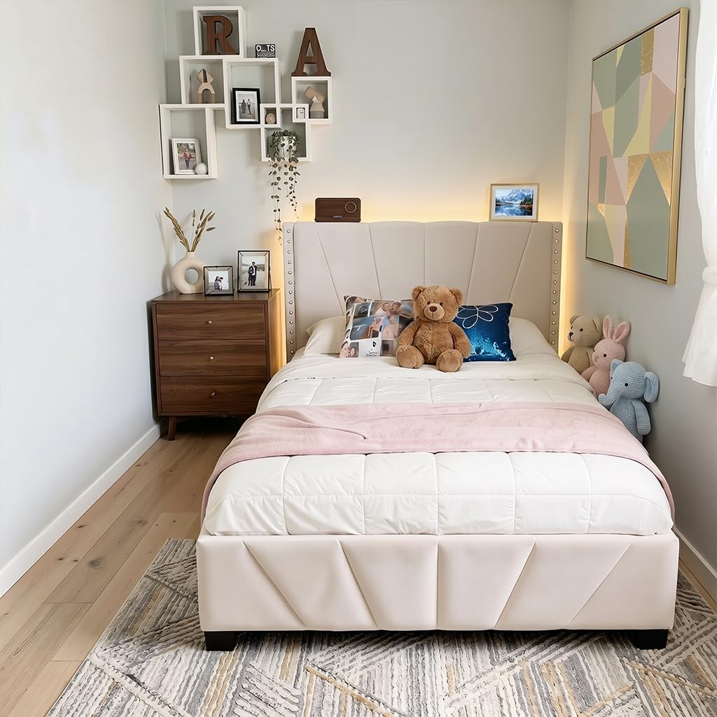 EnHomee Twin Platform Bed Frame with Velvet Upholstered Adjustable Headboard, LED Lights, and Charging Station for Bedroom, Apartment, and Dorm, No Box Spring Needed, Noise-Free, Easy Assembly, Beige