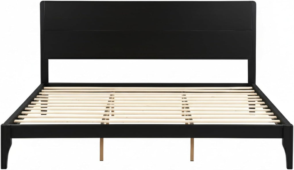 Merax King Size Bamboo Platform Bed, Mid-Century Modern Bed Frame with Tall Headboard, Solid Sustainable Bedframe King-Size, Wood Slat Support, No Box Spring Needed, Easy Assembly, Noise Free, Black