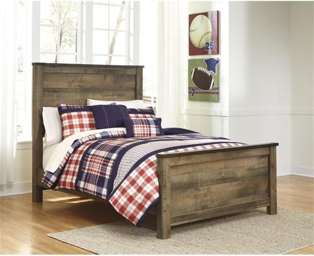 BOWERY HILL Farmhouse Wood Full Size Panel Bed, Brown Finish, 53.82' H x 57.32' W x 82.99' D, Includes Headboard, Footboard, Rails, Wooden Slats, Indoor Bedroom Platform Bed Frame
