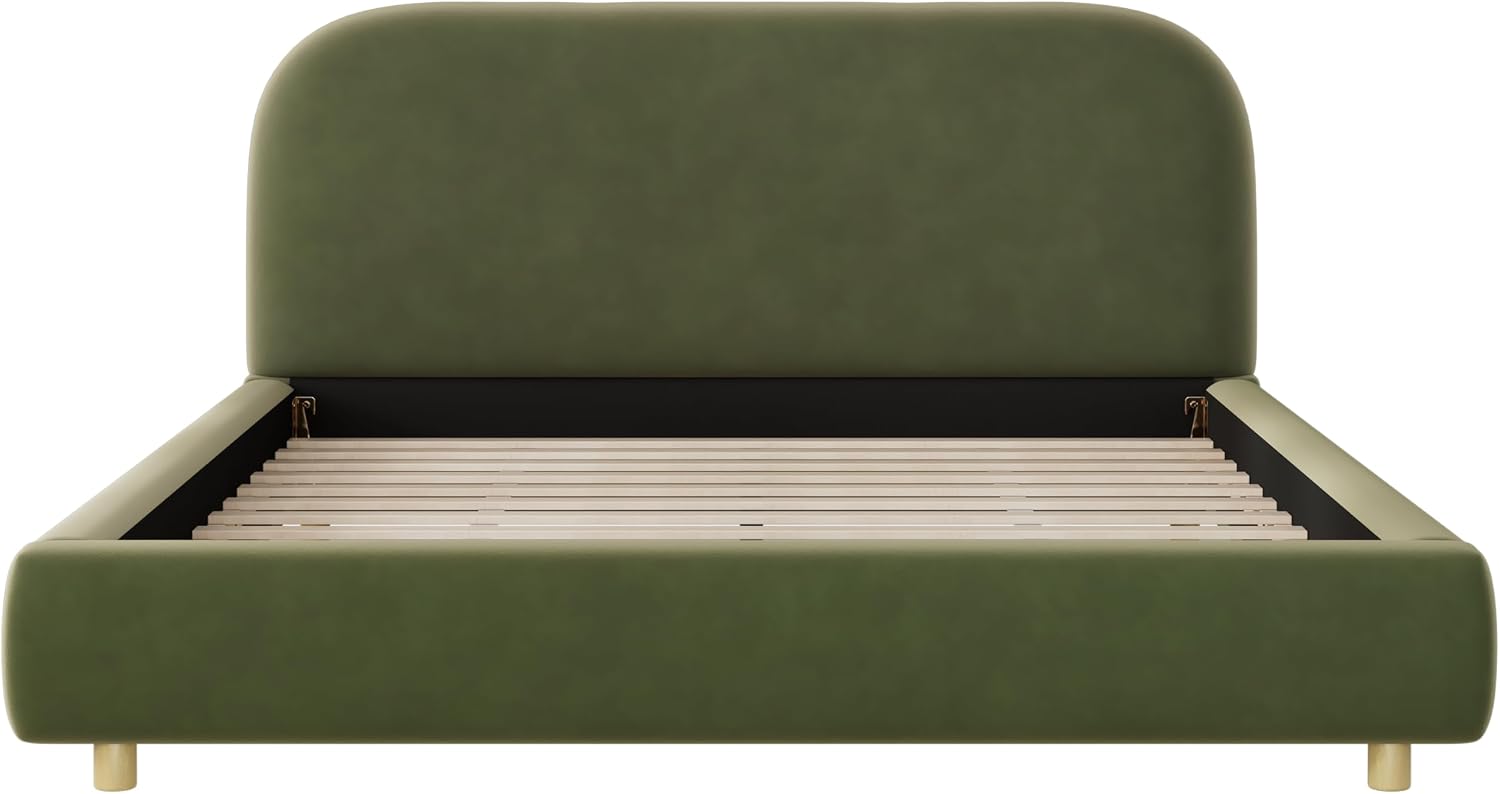Merax Queen Size Velvet Fabric Upholstered Platform Bed with Curved Shaped Headboard, Wood Bed Frame with Solid Round Legs for Kids Teens Adults, Olive Green