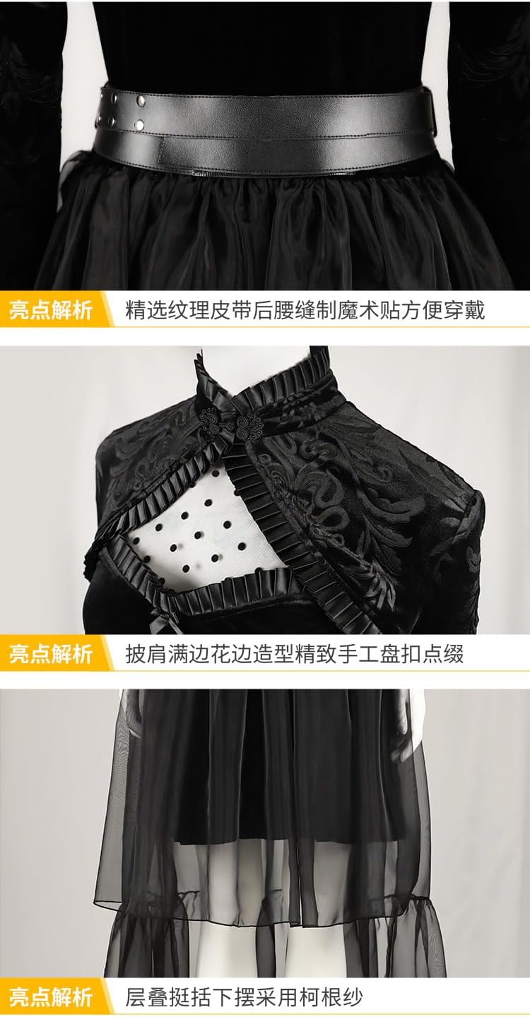Women Lisa Frankenstein Cosplay Dress Belt Cape Black Dress Gothic Uniform with Shoes for Halloween Cosplay