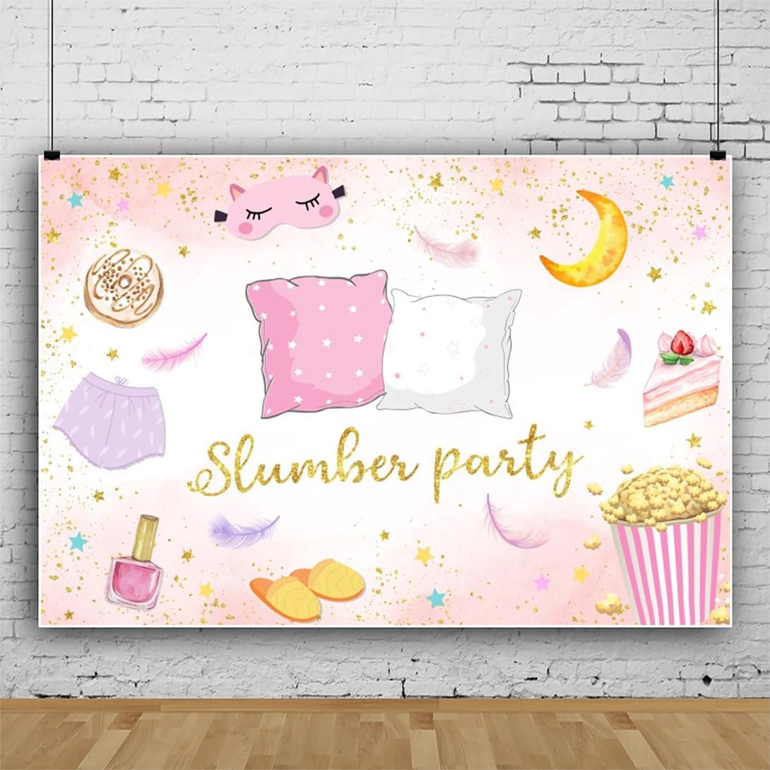 Leyiyi 20x10ft Slumber Party Backdrop Pajama Pillow Fight Photography Background Sleepover Party Backdrop for Girls Pink Pillow Sleepover Slumber Party Spa Makeup Birthday Banner Vinyl Supplies
