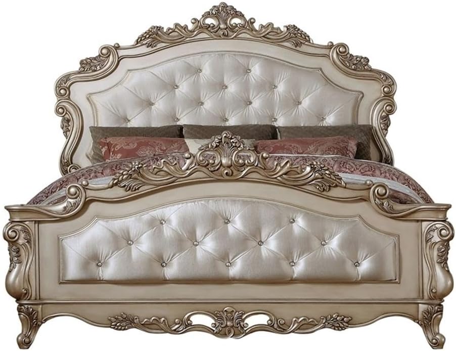 Acme Gorsedd Tufted Queen Panel Bed in Cream Fabric and Golden Ivory