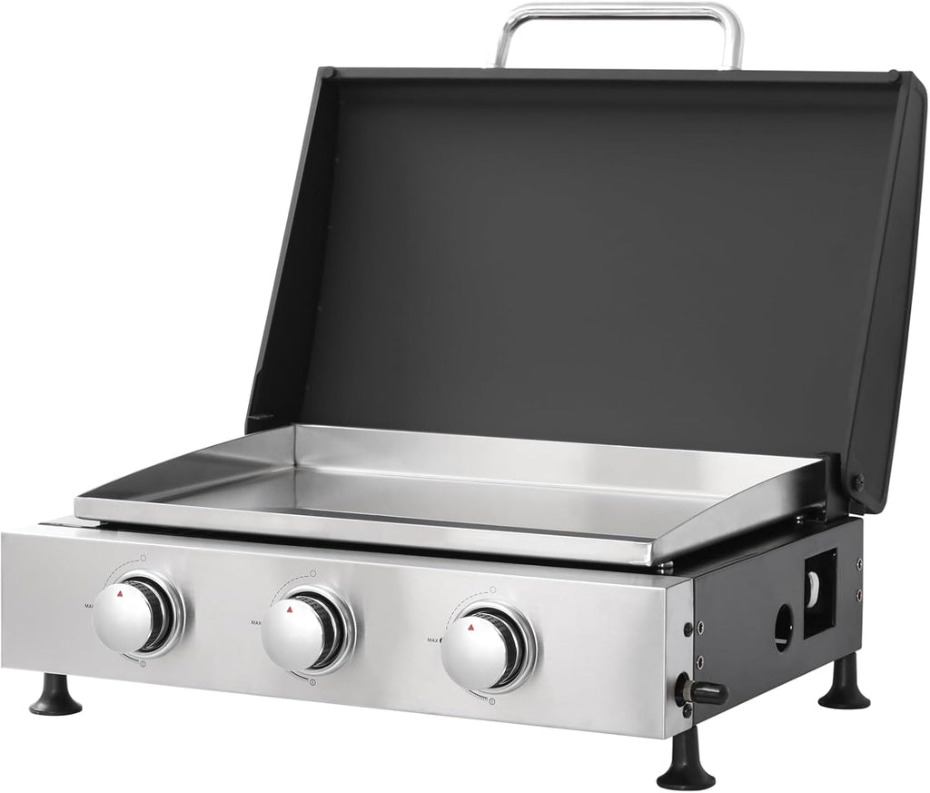 3-Burner Flat Top Grill, 28650 BTU Portable Propane Gas Griddle with Cast Iron Grill Net and Stainless Steel Baking Tray, Tabletop Gas Griddle for Camping, Tailgating, Outdoor BBQ
