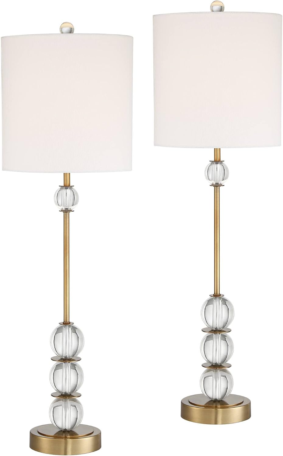 Vienna Full Spectrum Halston Modern Buffet Table Lamps Set of 2 with Dimmer 32 1/2' Tall Skinny Brass Metal Stacked Crystal Off-White Fabric Drum Shade Living Family Room Dining House Home Office