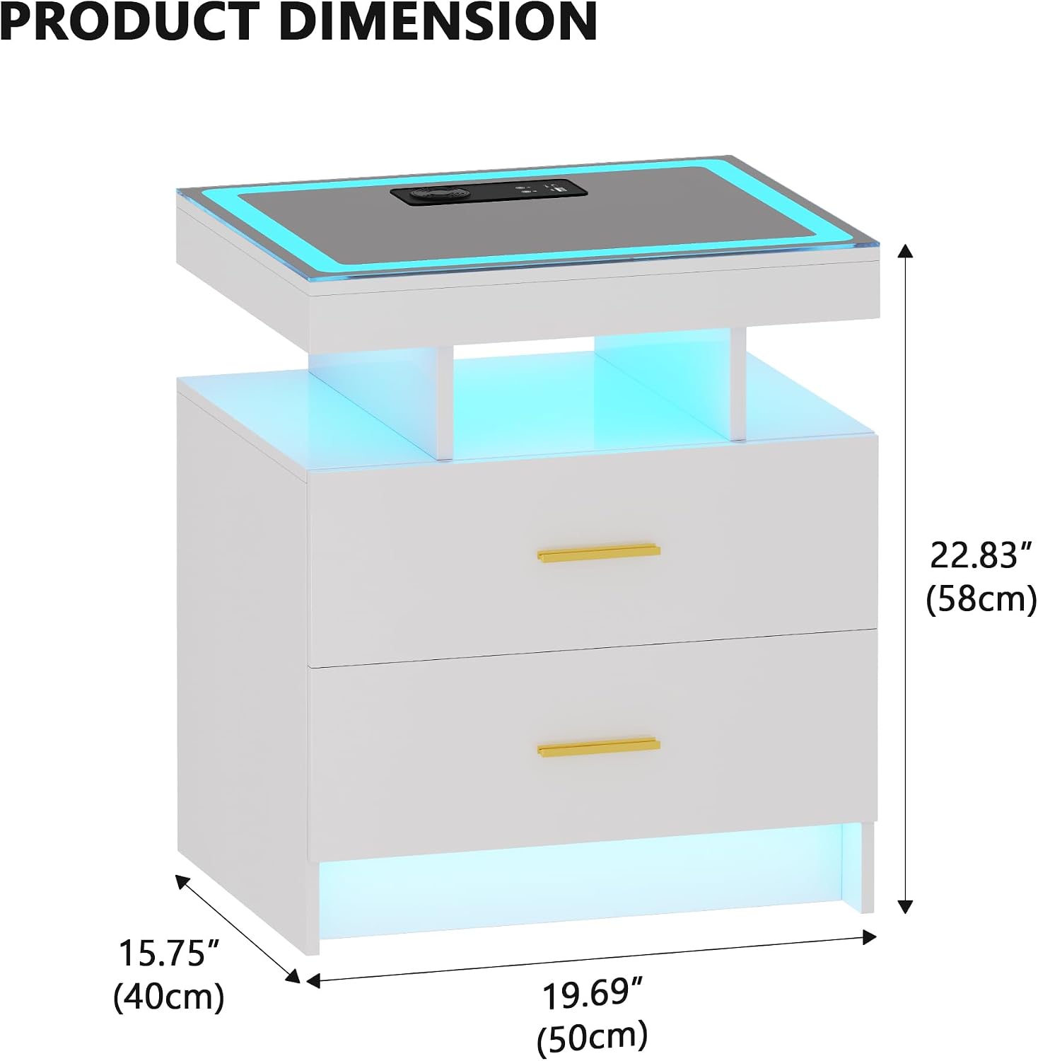 LED Nightstand with Wireless Charging Station - Modern Night Stand with Lights, Glass Top Bedside Table with Drawers for Bedroom, Glossy End Table with Human Body Induction (White)