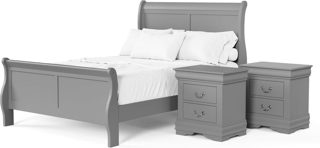 Furniture of America Louis Philippe Traditional Solid Wood 3 Piece Bedroom Set, Bed Frame and Nightstands Set of 2, Sleigh Design Bedframe with Headboard and Footboard, Box Spring Needed, Full, Gray